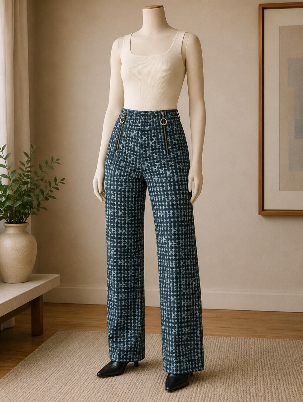 Etcetera - Dark Wash Circle Patterned Wide-Leg Jeans Sz 0